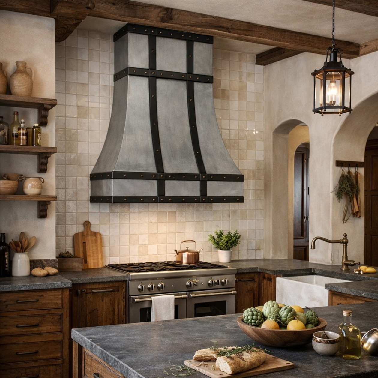 European kitchen with brushed zinc range hood, darkened zinc straps, and riveted grid