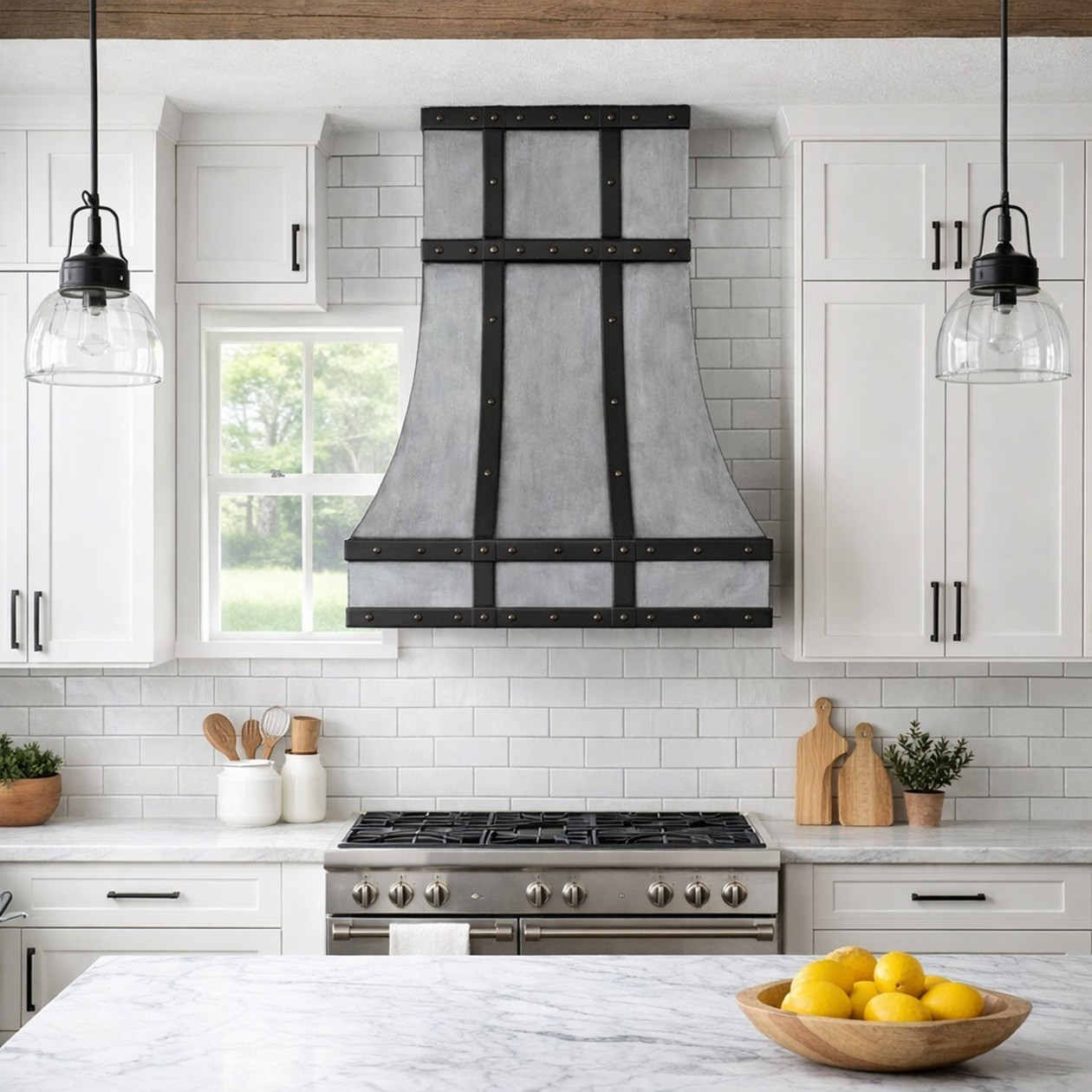 Farmhouse kitchen with brushed zinc range hood, darkened zinc straps, and riveted apron