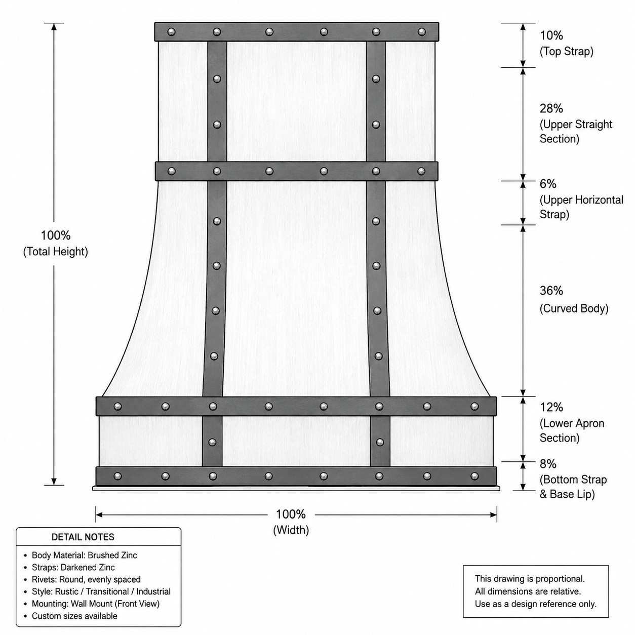 Proportional drawing of brushed zinc range hood with darkened straps, rivets, chimney, and boxed apron