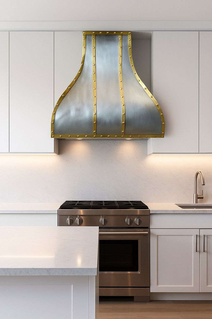Morden kitchen with a handcrafted brushed zinc range hood with brass straps