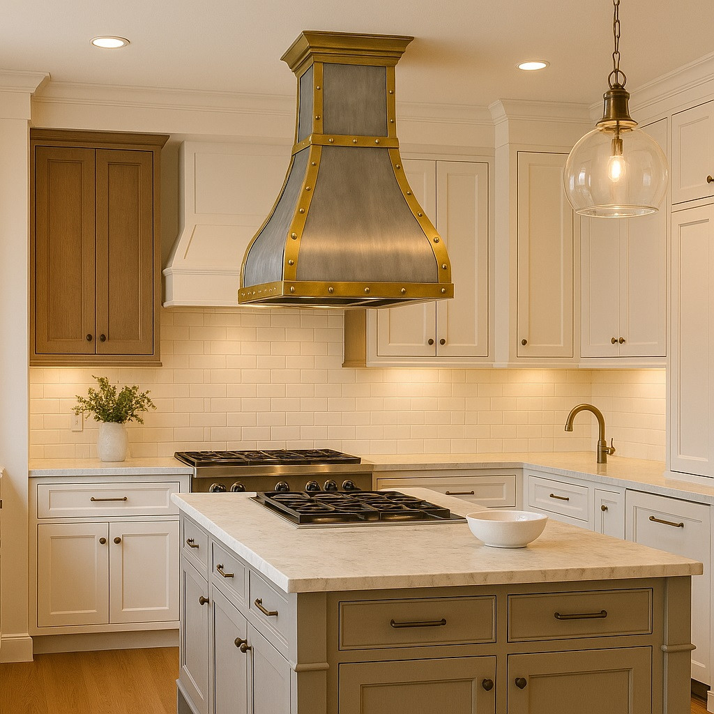 Handcrafted brushed zinc range hood with brass straps in a kitchen island configuration