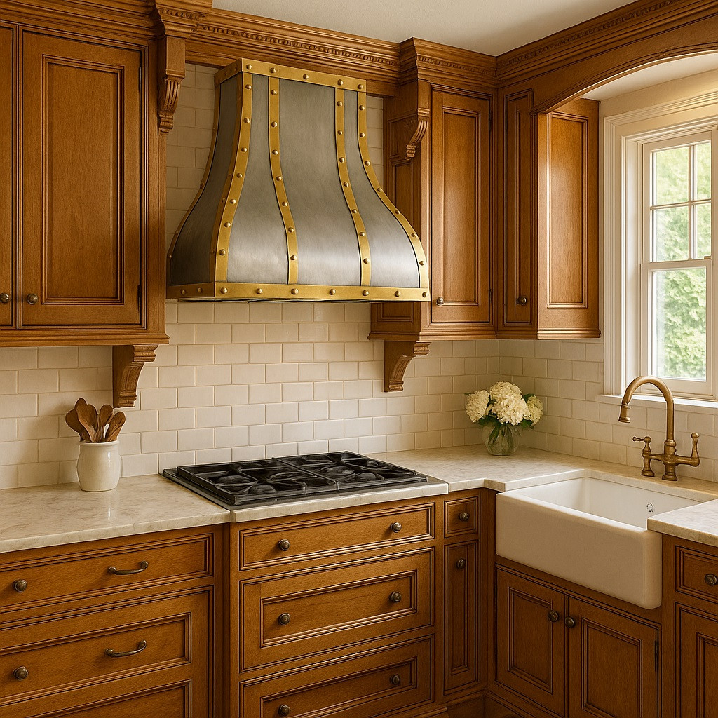 Handcrafted brushed zinc range hood with brass straps in a traditional style kitchen setting