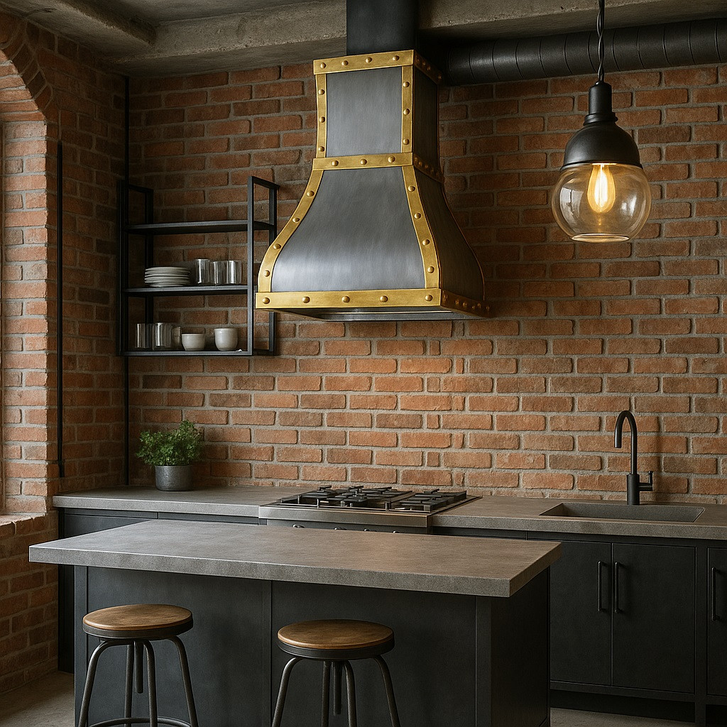 Central island handcrafted brushed zinc range hood with brass straps in a industrial style kitchen