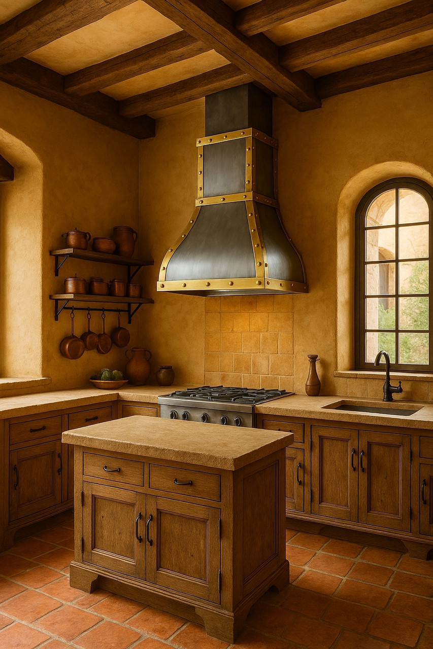Handcrafted brushed zinc range hood with brass straps in a Tuscan style kitchen setting