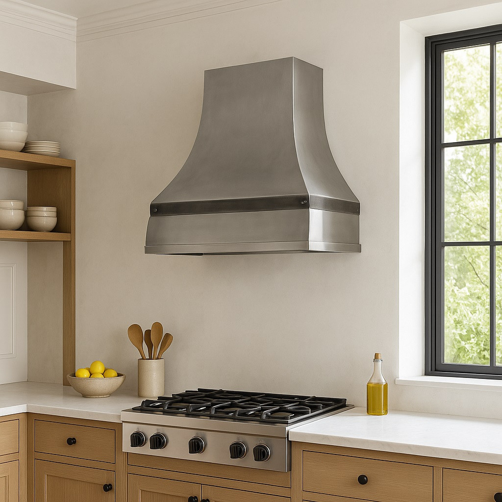 36 inch zinc range hood with recessed apron and bell shaped body in European style kitchen, smooth zinc canopy above classic cabinetry and stone surfaces