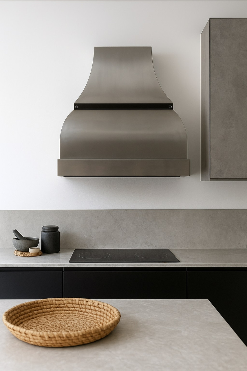 30 inch zinc range hood with recessed apron and bell shaped body in minimalist contemporary kitchen, smooth zinc canopy above sleek cabinetry and clean surfaces