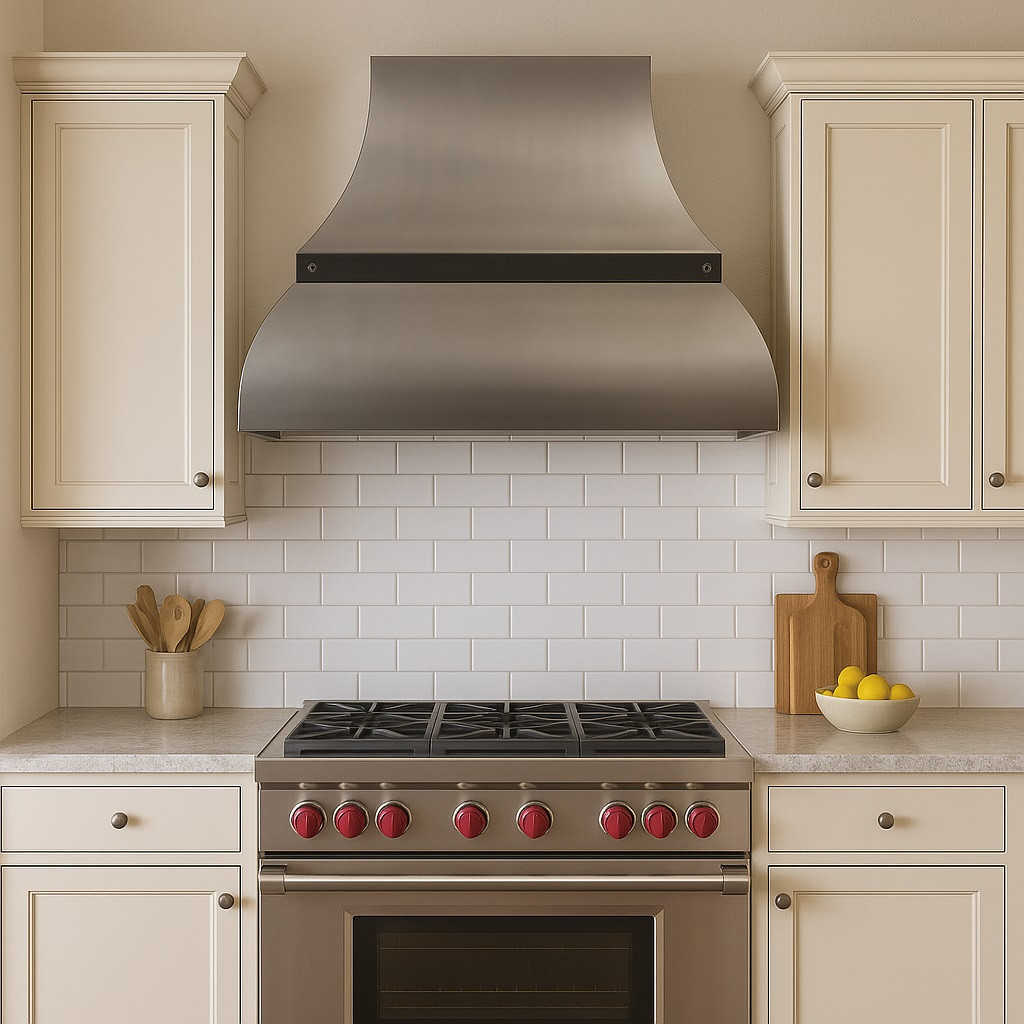 48 inch zinc range hood with recessed apron and bell shaped body in transitional kitchen, wall mount design above balanced cabinetry and refined stone countertop