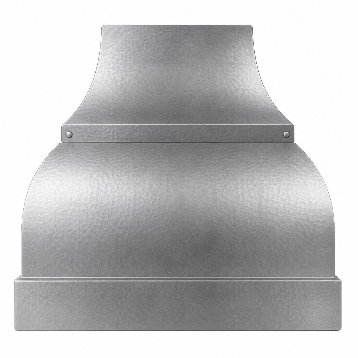 Hammered zinc bell range hood with riveted band, boxed apron, and stepped crown