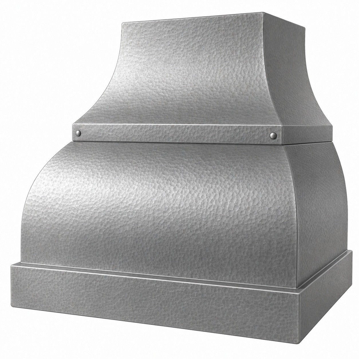 Angled view of a soft-hammered zinc bell range hood showing curved sides, riveted band, and deep boxed apron