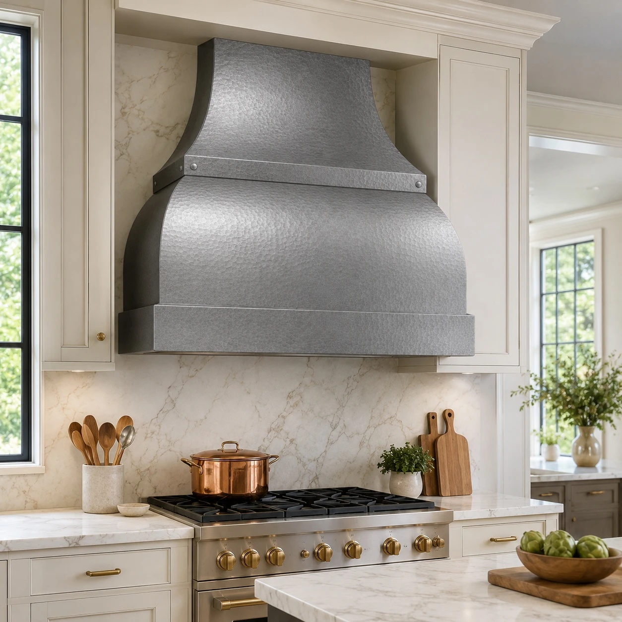 Hammered zinc bell range hood with band and boxed apron in transitional kitchen with Shaker cabinets, stone, and warm wood