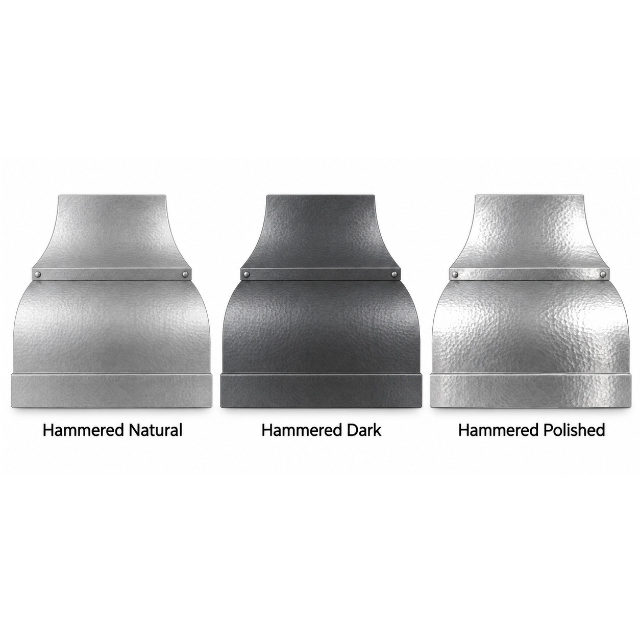 Hammered zinc bell range hood shown in six zinc finish options