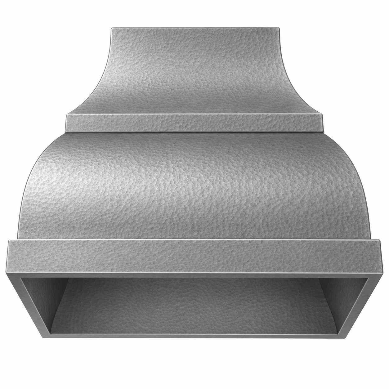 Underside view of hammered zinc bell range hood showing insert opening preparation