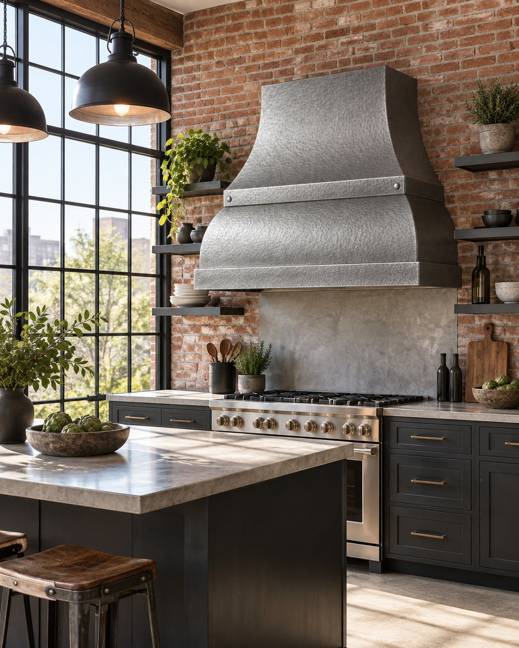 Industrial loft kitchen with hammered zinc bell range hood, boxed apron, brick, metal, and wood