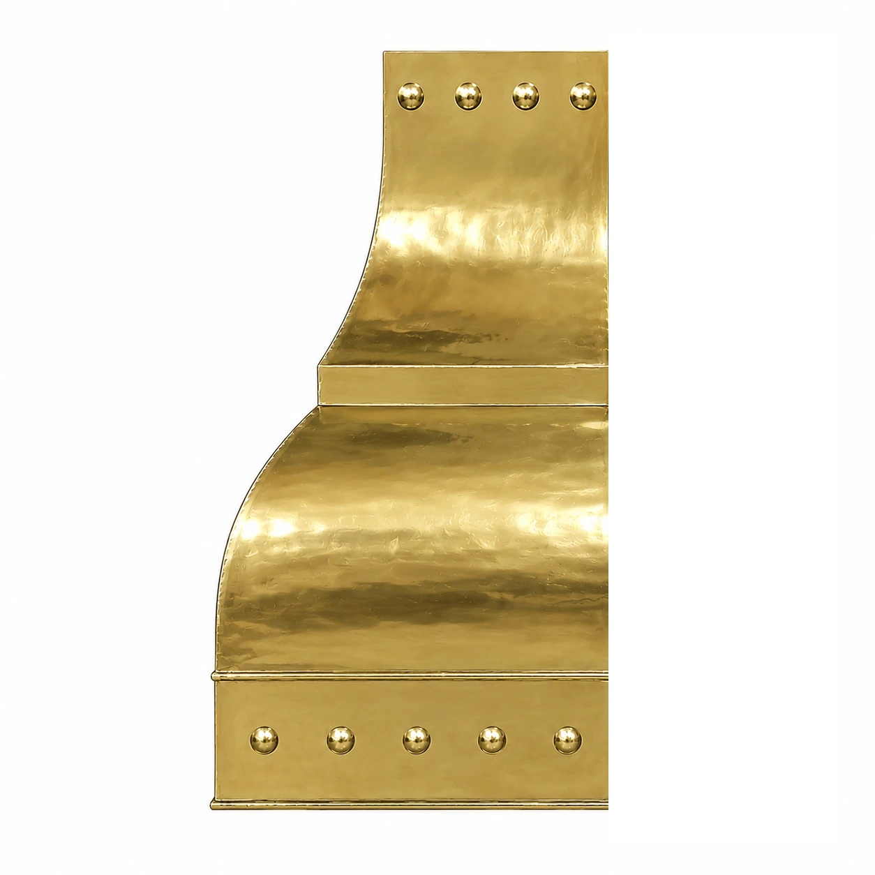 Gold brass range hood with polished rivets, flat back, and curved profile for wall-mount installation