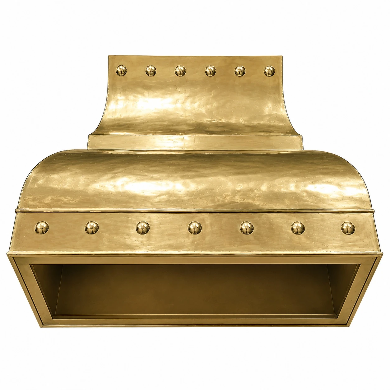 Underside view of gold brass range hood with insert opening and polished finish