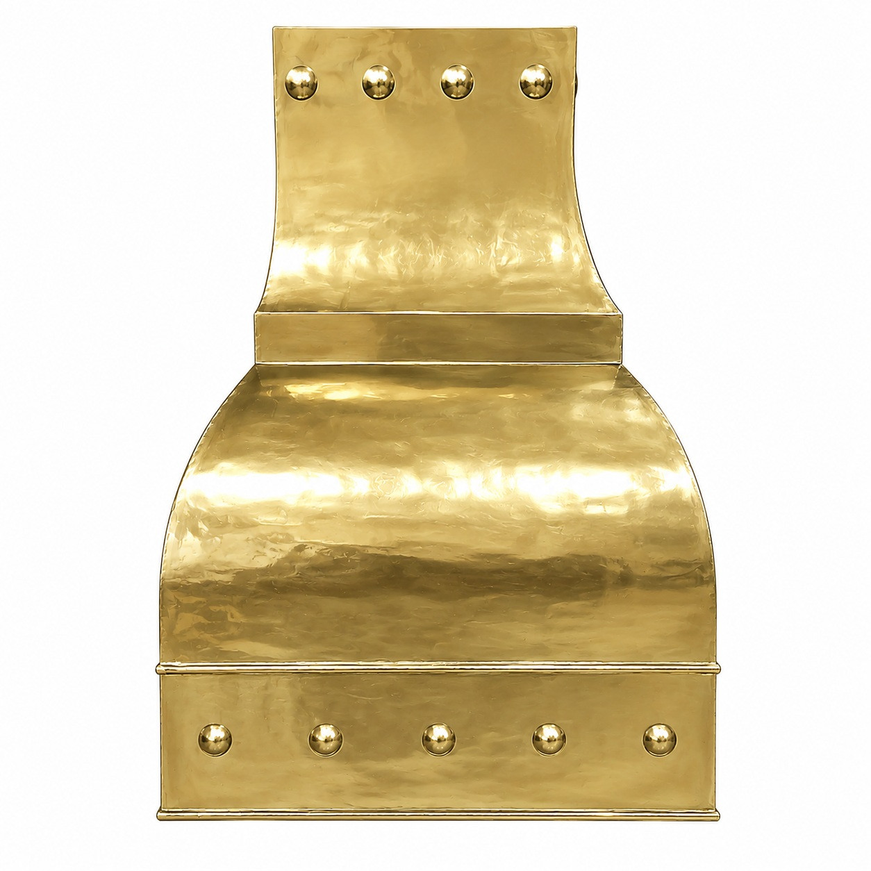 Gold brass range hood with polished rivets shown from the side for a kitchen island installation