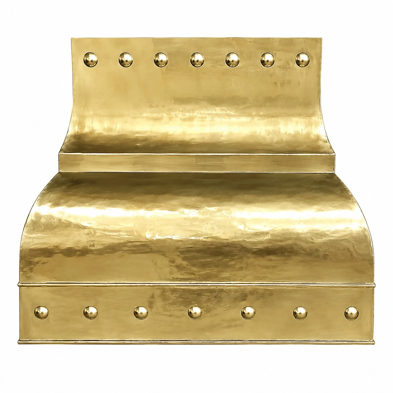 Gold brass range hood with polished rivets and reflective bell-shaped body