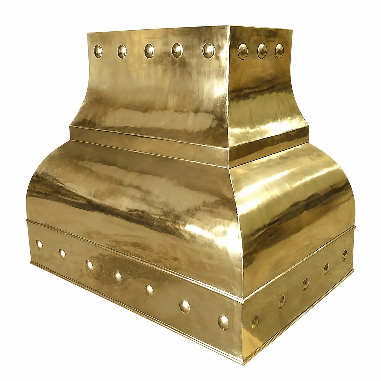 Gold brass range hood with polished rivets, curved bell profile, apron, and reflective handcrafted finish