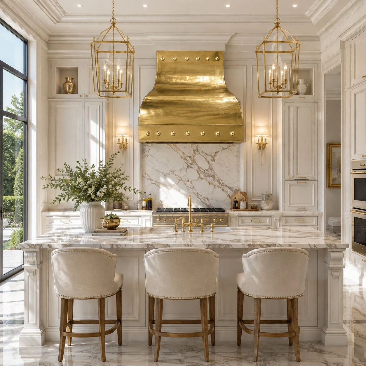 Neoclassical kitchen with gold brass range hood, polished rivets, marble, and symmetrical cabinetry