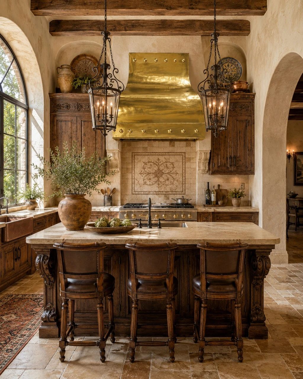 Gold brass range hood with polished rivets in a Tuscan Villa kitchen with travertine, plaster, and carved wood