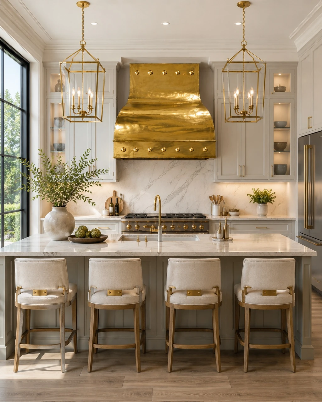Luxury transitional kitchen with gold brass range hood, polished rivets, shaker cabinetry, and stone
