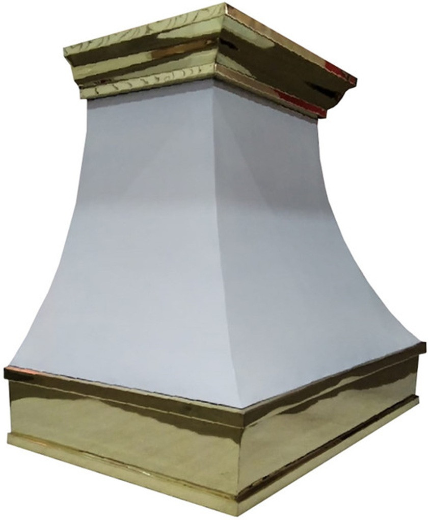 Painted white metal range hood with brass detailing close up left side view, polished brass trim against glossy white surface and crisp edges