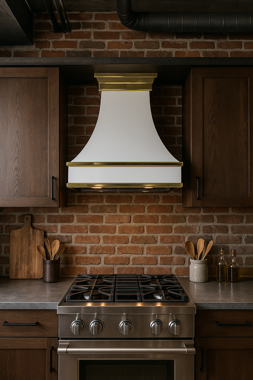White Range Hood with Elegant Brass Trim Rustica House®