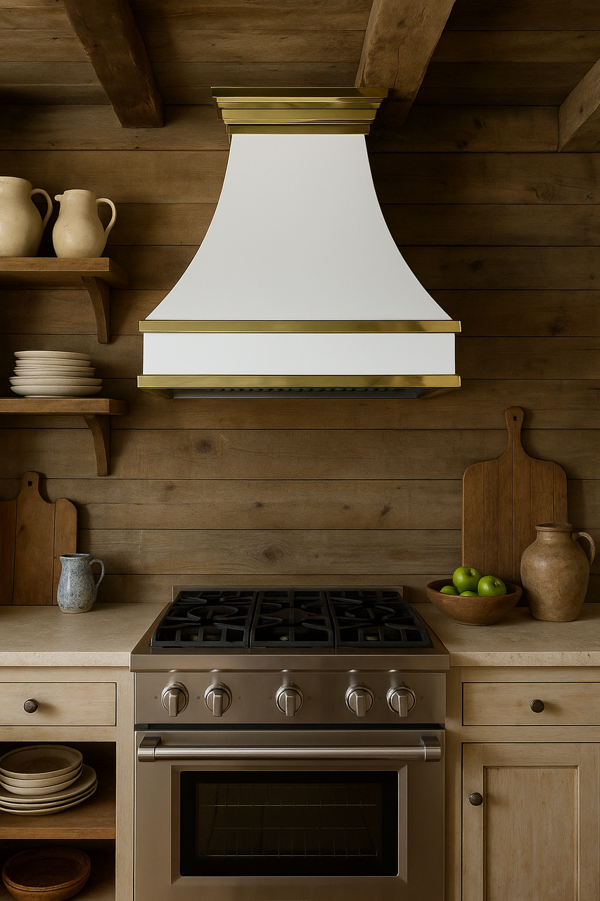 36 inch painted white metal range hood with brass detailing in rustic farmhouse kitchen, glossy canopy above range with wood accents and shiplap walls