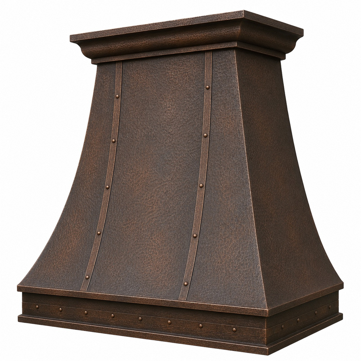 Angled view of antique patina hammered copper bell range hood with riveted straps and architectural crown
