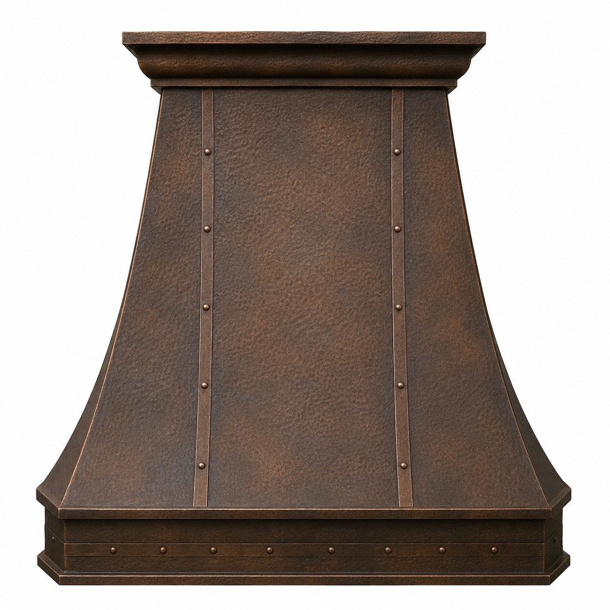 Old World bell copper range hood with architectural crown, riveted straps, and antique patina