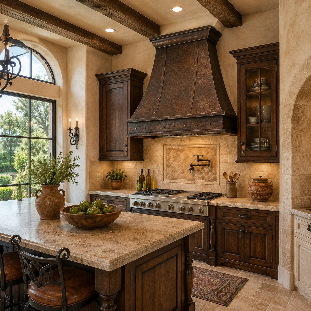 Tuscan kitchen with old-world bell copper range hood, architectural crown, and riveted straps
