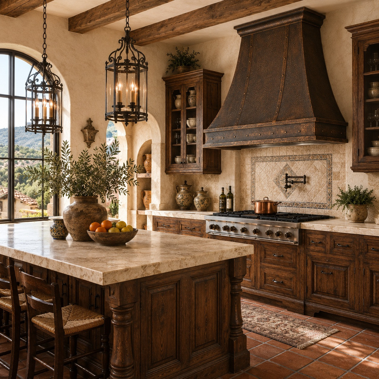 Mediterranean kitchen with old-world bell copper hood, hammered finish, and riveted straps