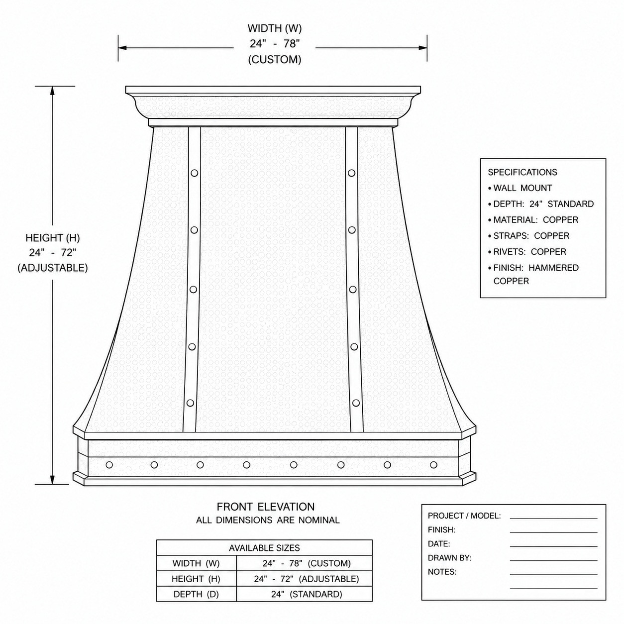 Proportional drawing of Old World bell copper range hood with crown and riveted straps