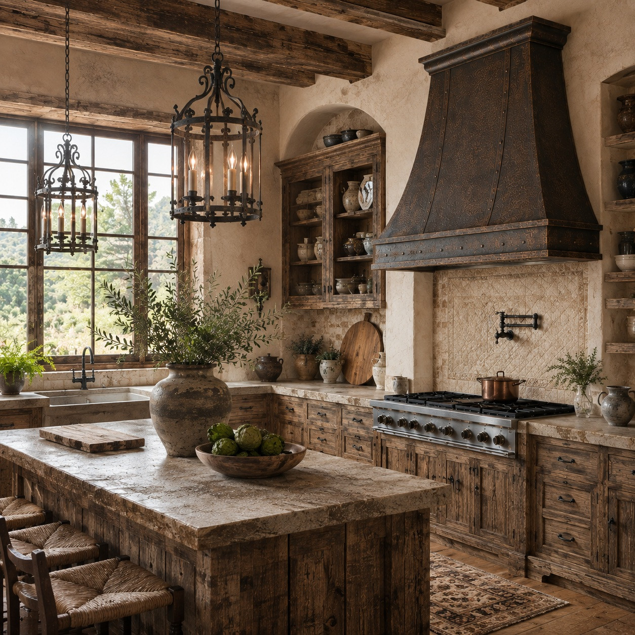 Antique copper bell range hood in Rustic European kitchen with reclaimed timber, stone counters and wide-plank floors