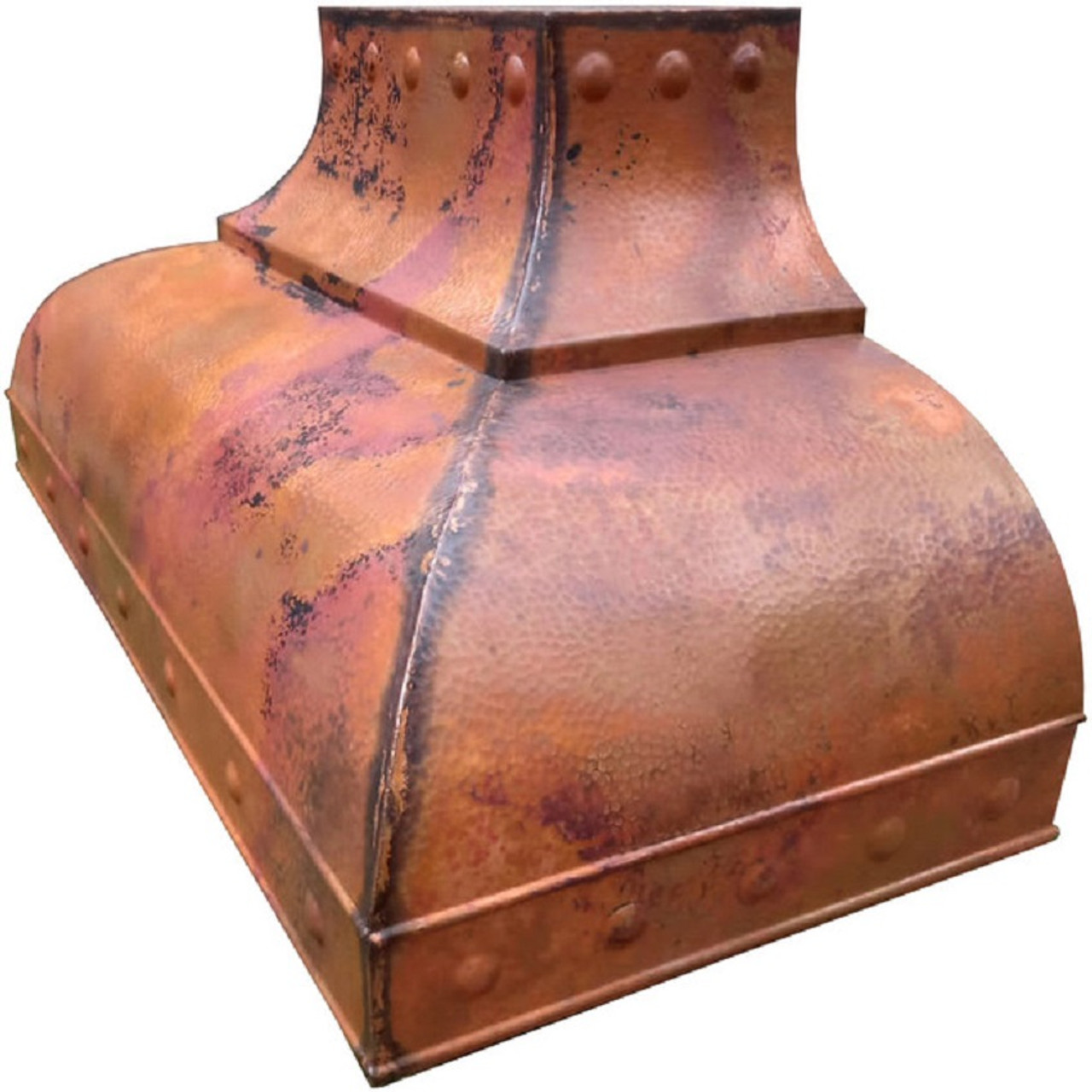 Handcrafted customizable copper range hood - angled view