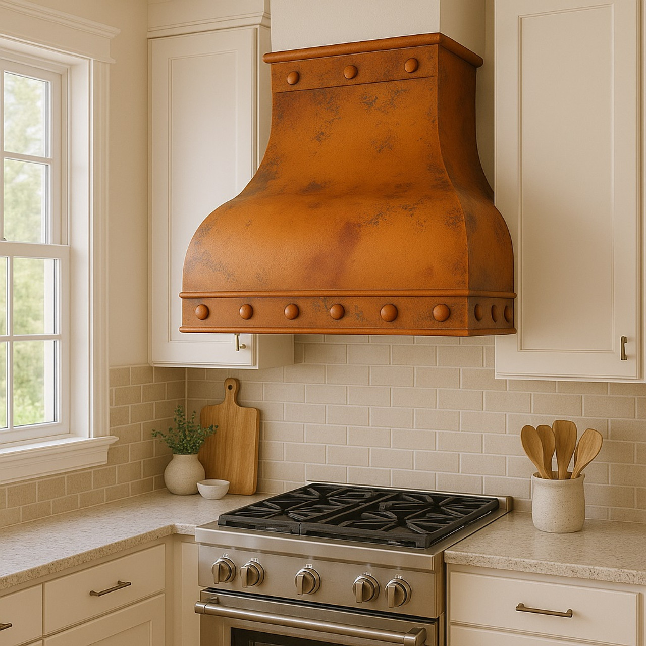Traditional style kitchen with a customizable copper range hood