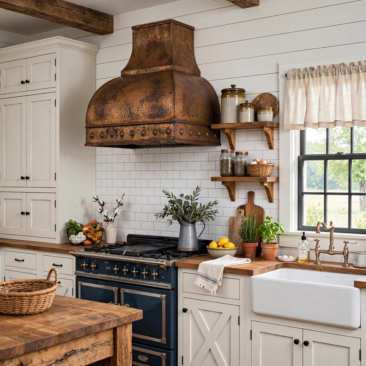 Farmhouse kitchen with dome canopy copper range hood, riveted apron, and warm patina