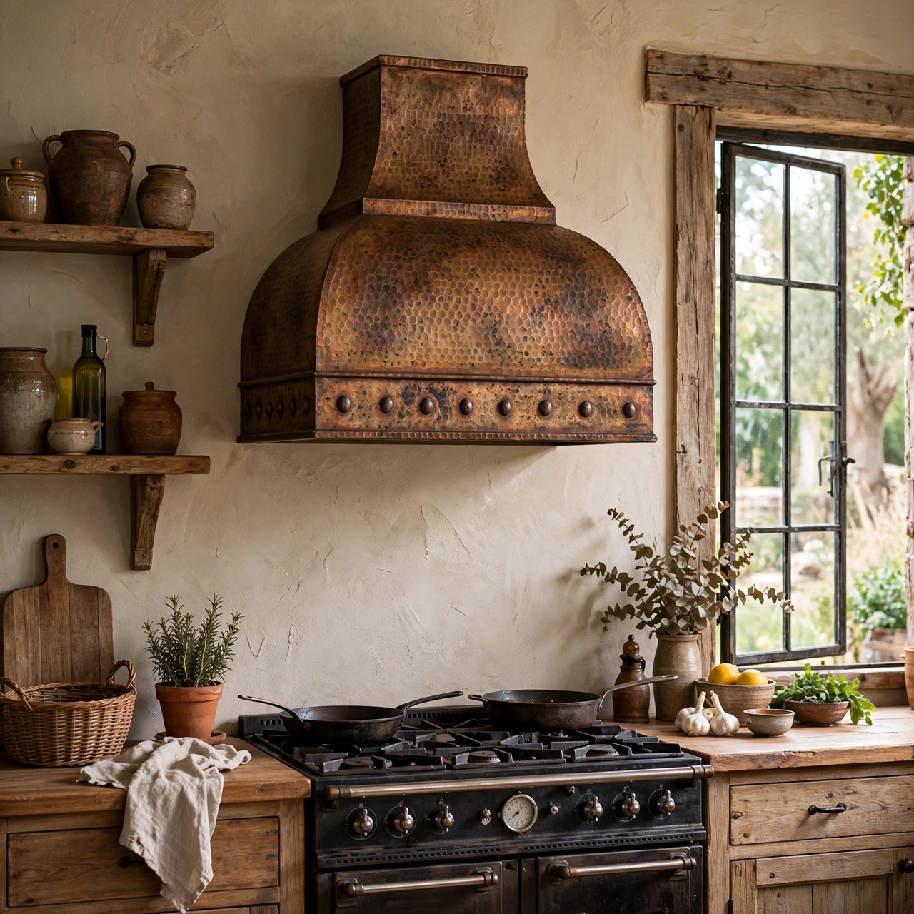 Rustic kitchen with dome canopy copper range hood, hammered finish, and riveted apron