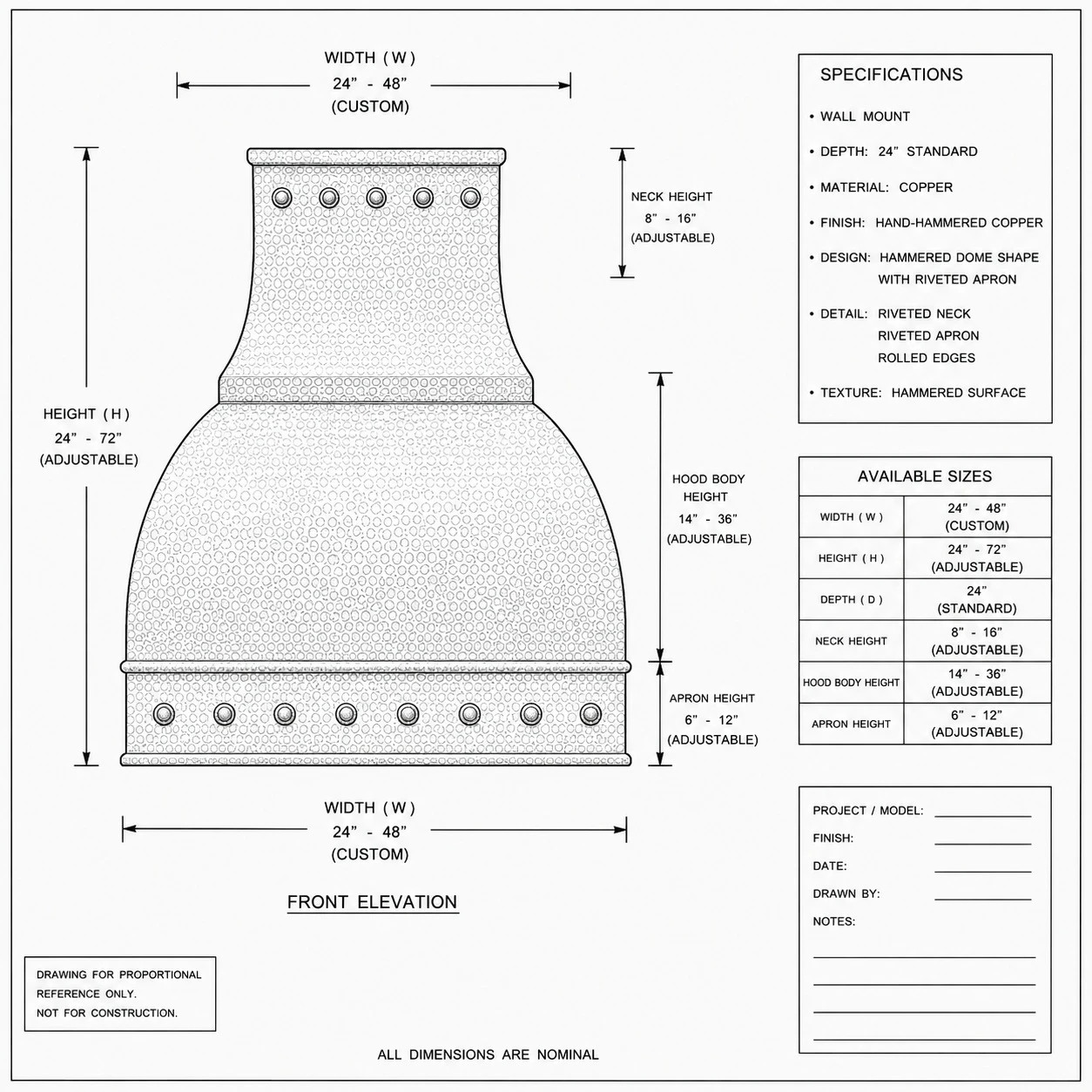 Hand-hammered dome canopy copper range hood technical drawing showing proportions and riveted apron
