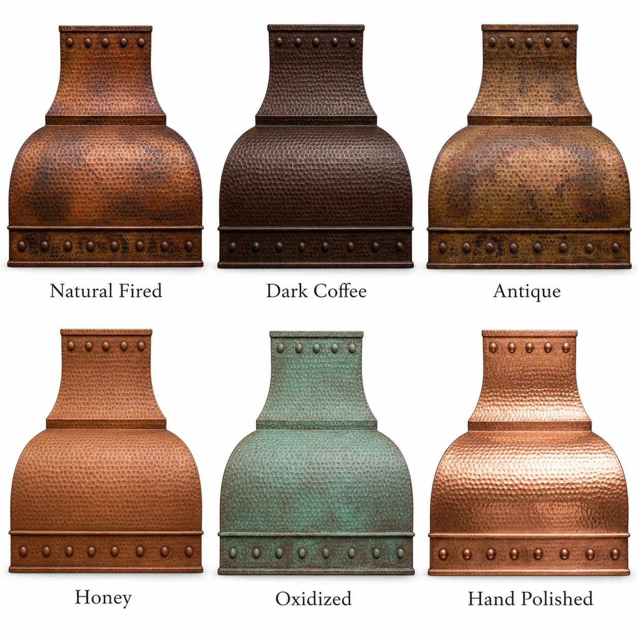 Hand-hammered dome canopy copper range hood shown in six copper finish options with riveted apron