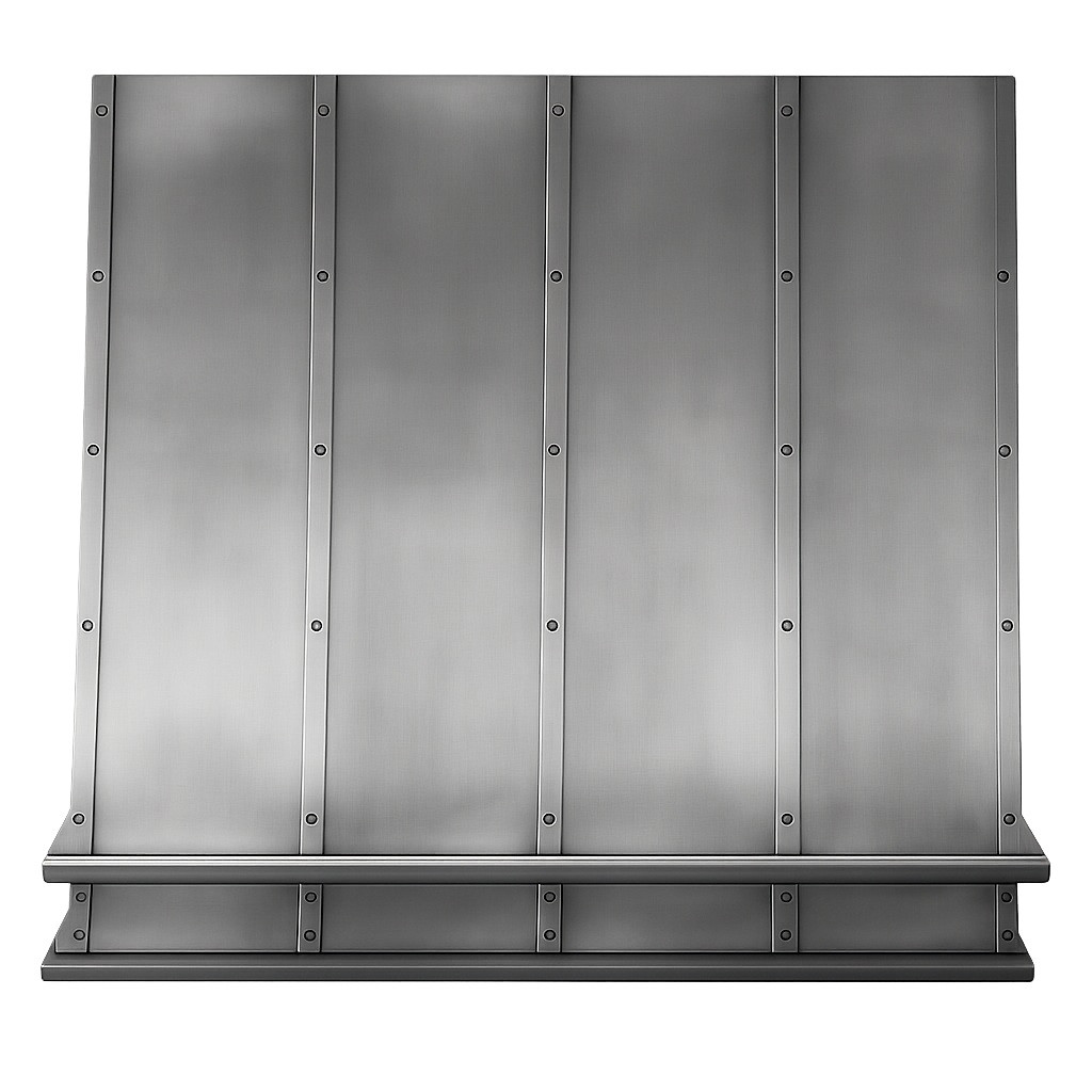 42 inch wall mount zinc range hood in smooth design front view, clean tapered canopy with refined zinc surface and understated profile