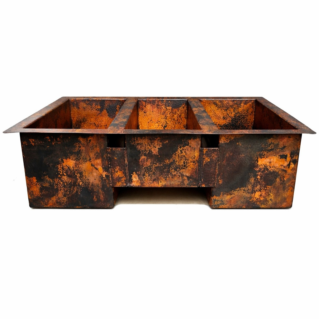 Triple bowl copper kitchen sink in natural fired patina on sale front view