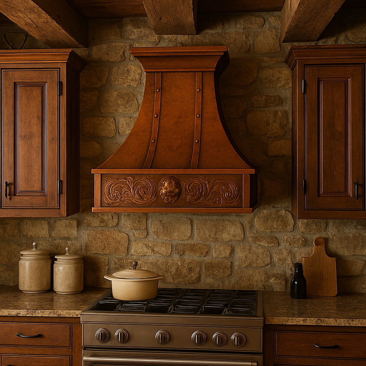 Handcrafted copper range hood with decorative apron in a rustic kitchen