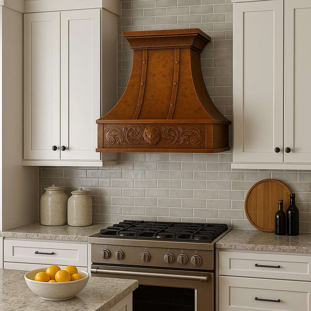Handcrafted copper range hood with decorative apron in a transitional kitchen