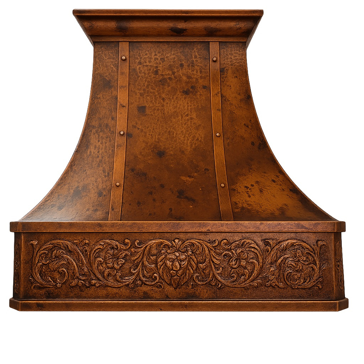 Handcrafted copper range hood with decorative lion motif apron