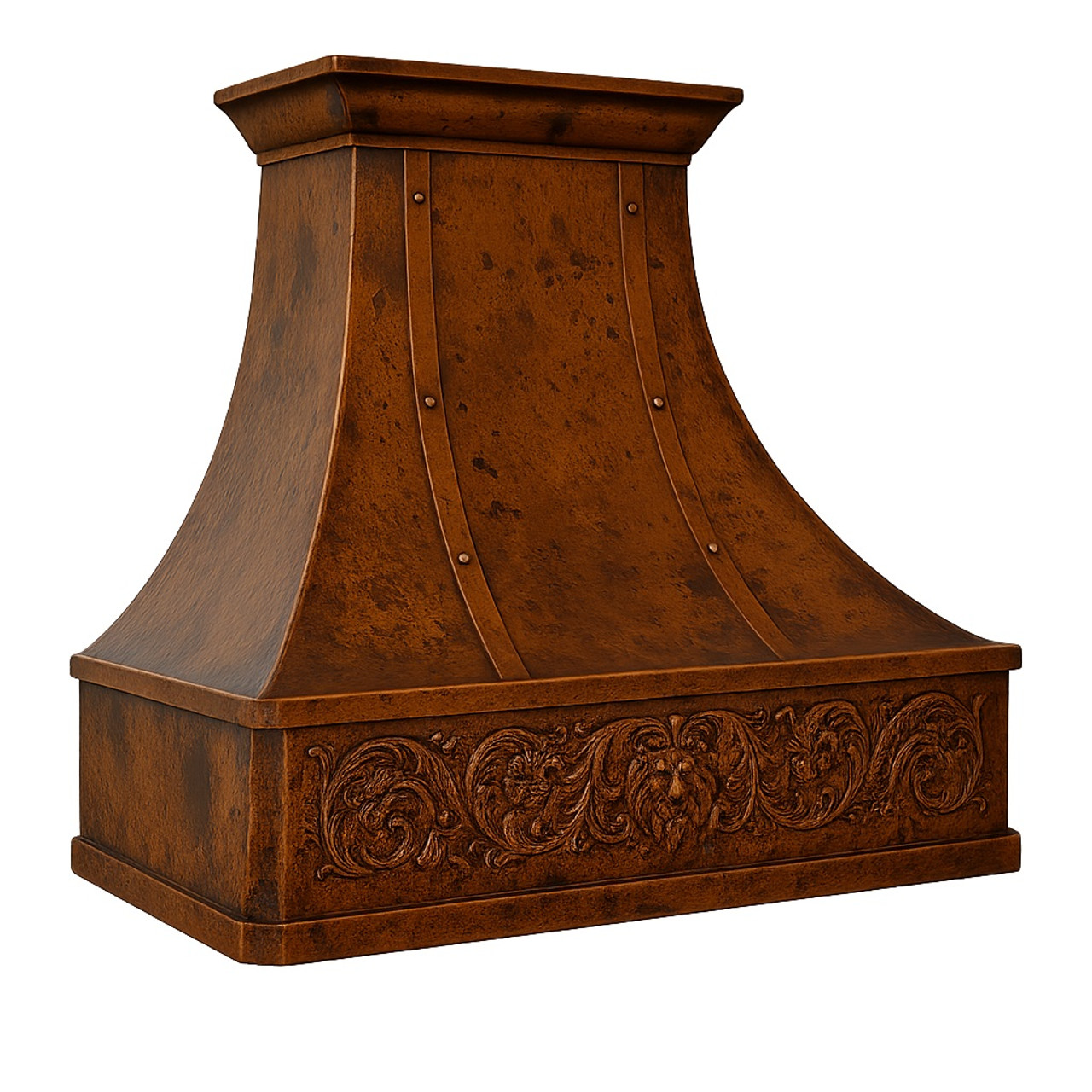 Handcrafted copper range hood with decorative lion motif apron - side view
