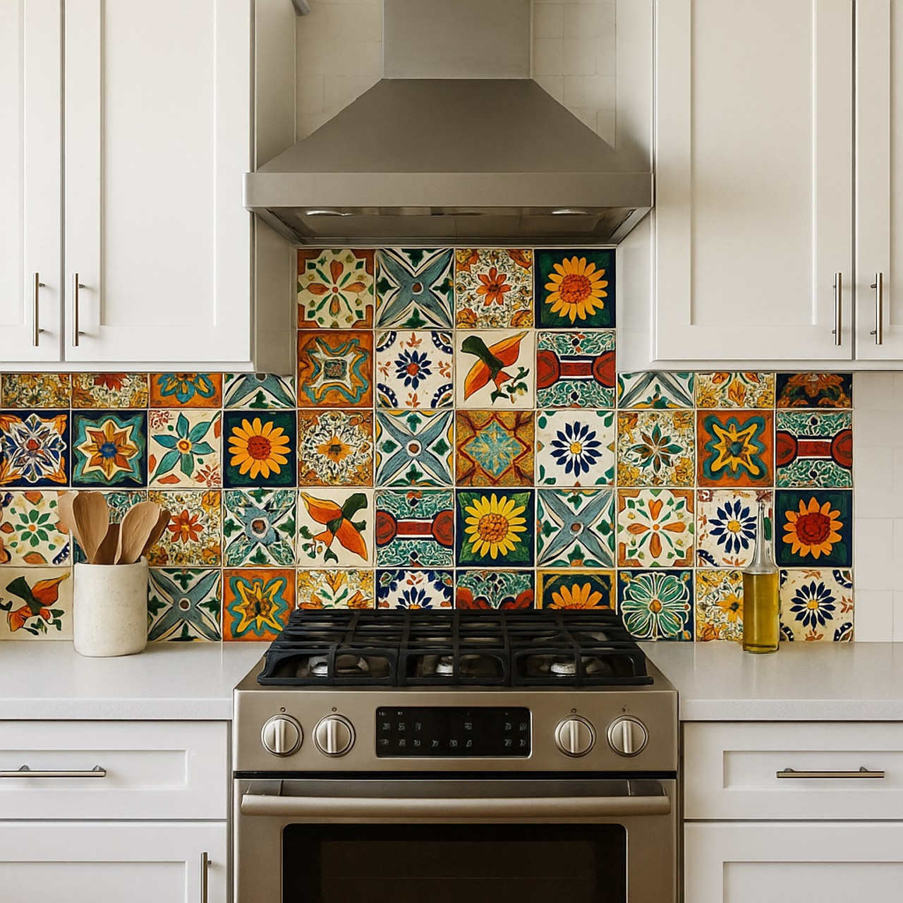 Transitional kitchen backsplash with Mexican 10 tile pattern mix