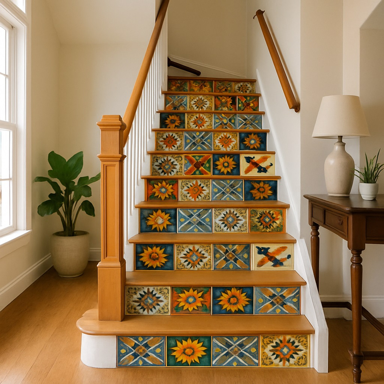 Mexican 10 tile pattern mix installed on a suburban house stair risers