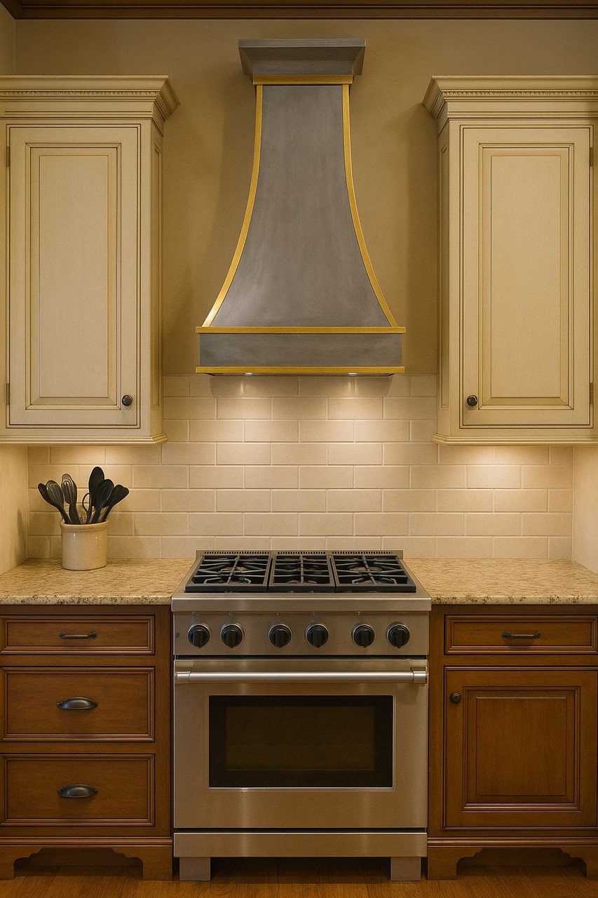 Brass range hood with golden accents in traditional kitchen design with oak cabinets
