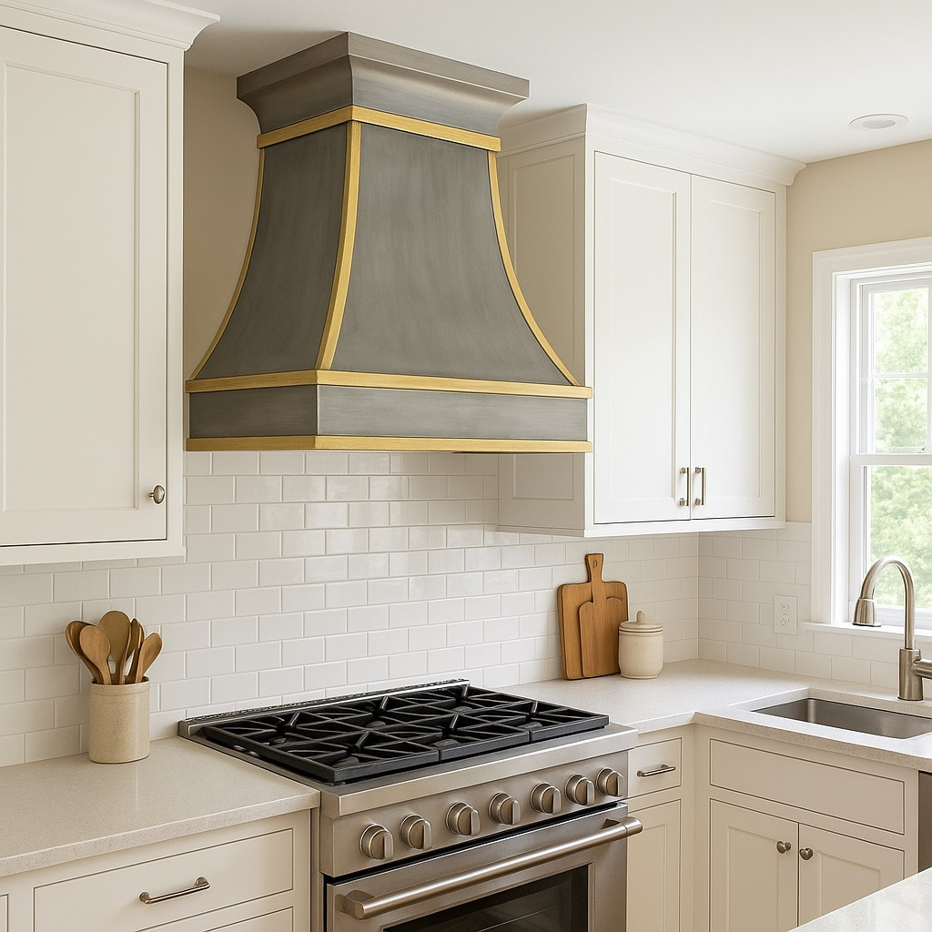 Brass range hood with golden accents in a transitional style kitchen with off white cabinets